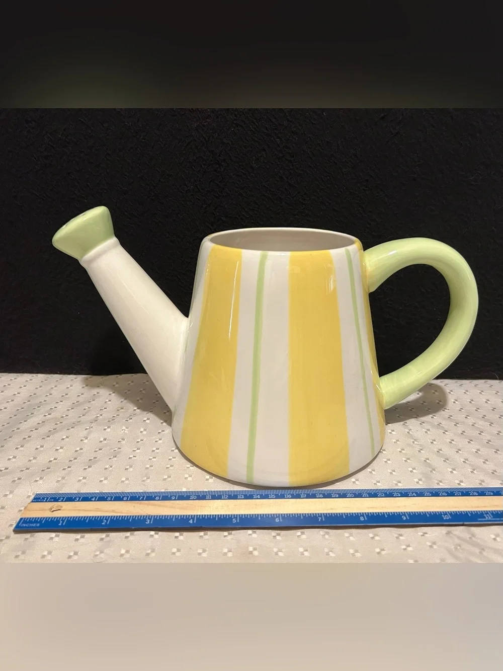 White Yellow And Green Striped Ceramic Watering Can Vase With Faux Tulips